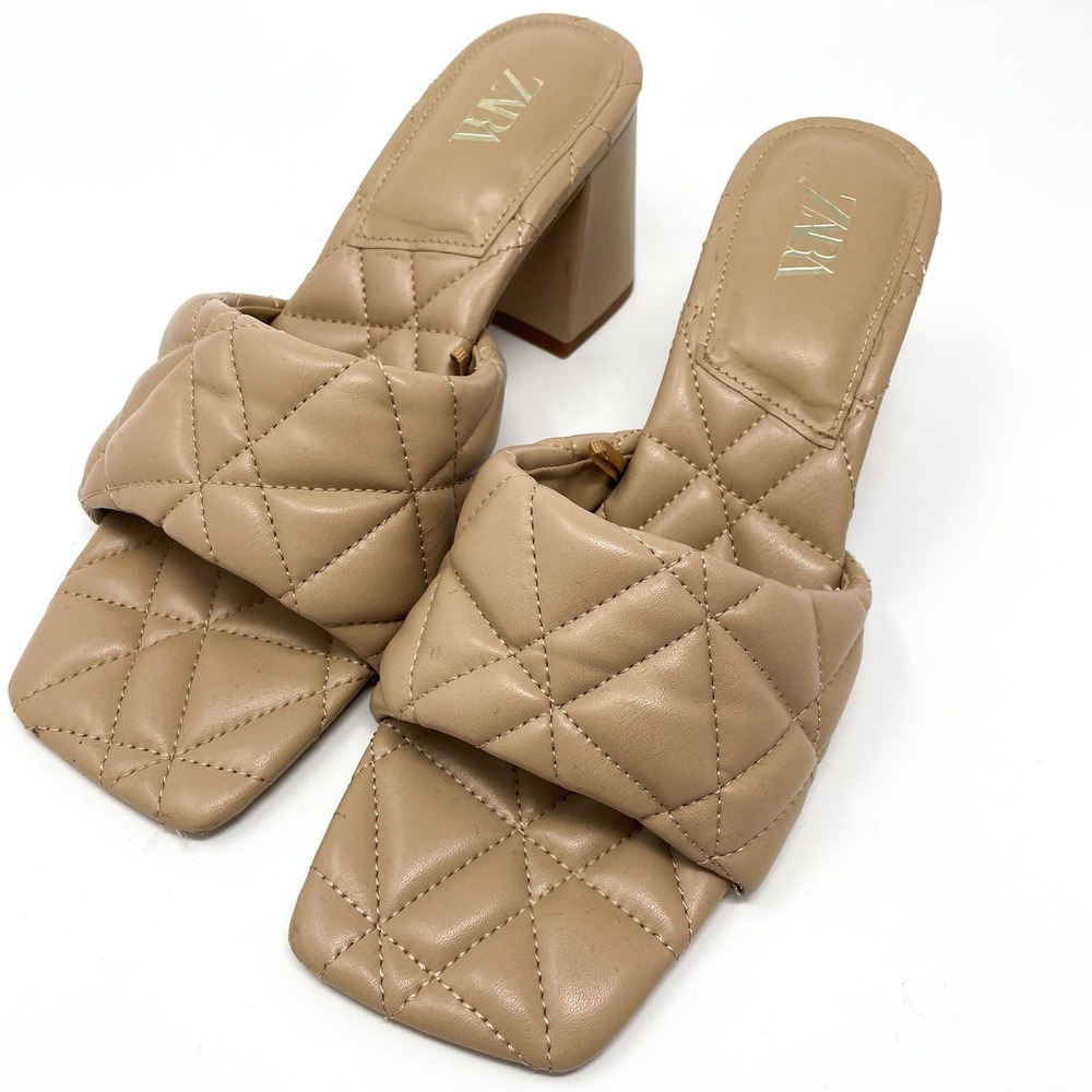 ZARA Neutral‎ Nude Quilted Square Toe Heels